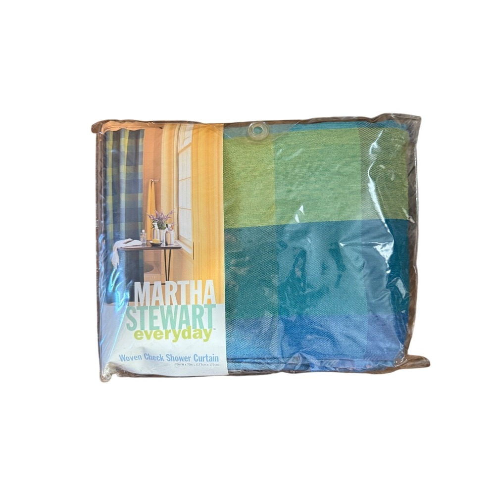 Martha Stewart Shower Curtain Vintage 70x70 Blue New Woven Check Fabric